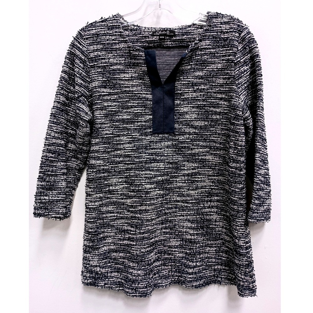 Charlie B Tweed Knit Tunic Top Women Medium Navy White Split Neck 3/4 Sleeve